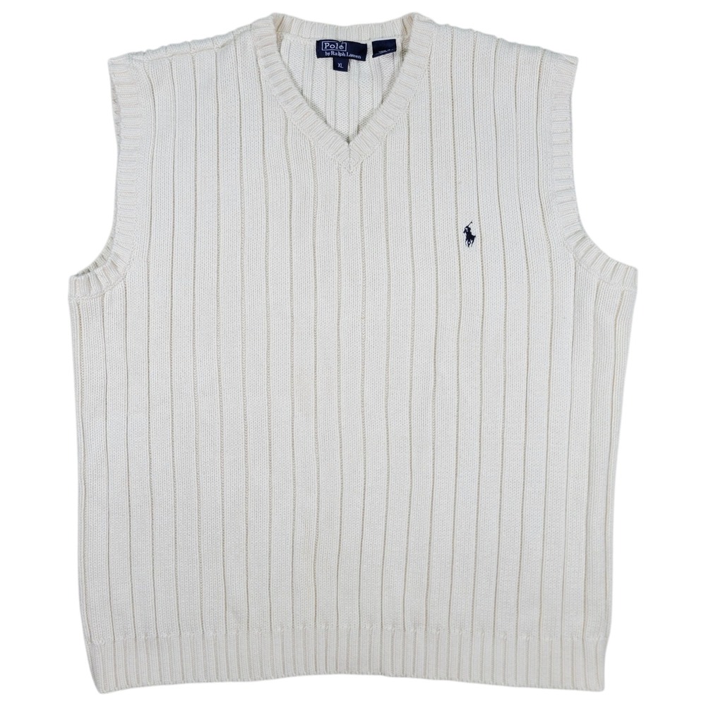 Polo Ralph Lauren Sweater Vest Mens XL Cream Ribbed Cotton V-Neck Preppy Classic